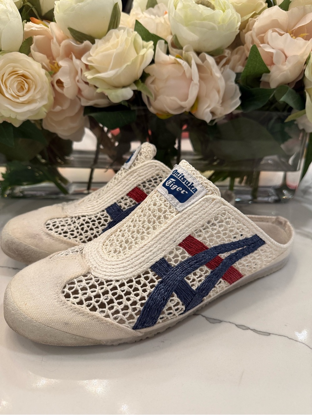 Onitsuka Tiger by Asics Cream Mesh Slip-On Sneakers with Blue & Red Stripes